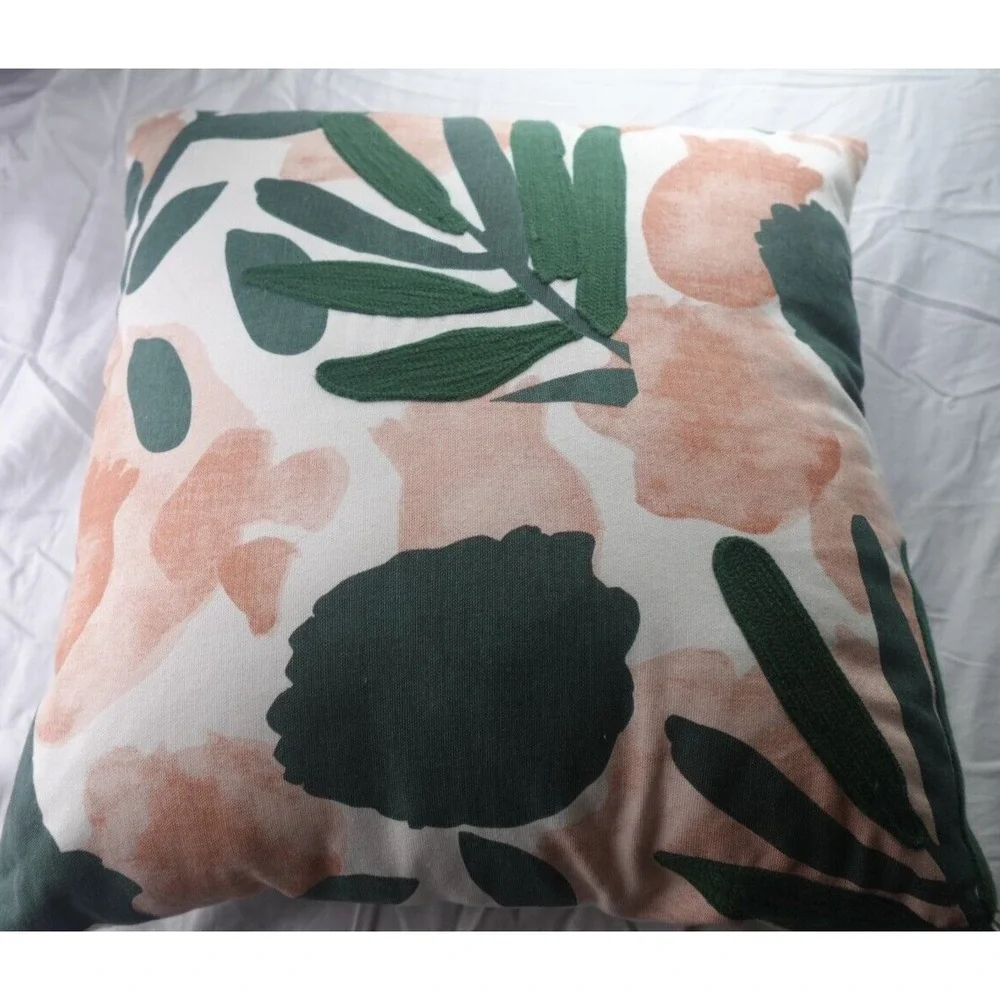 Pier‎ 1 Imports Embroidered Floral  Pillow 12X12, Cotton Stuffed Home Decor Palm
